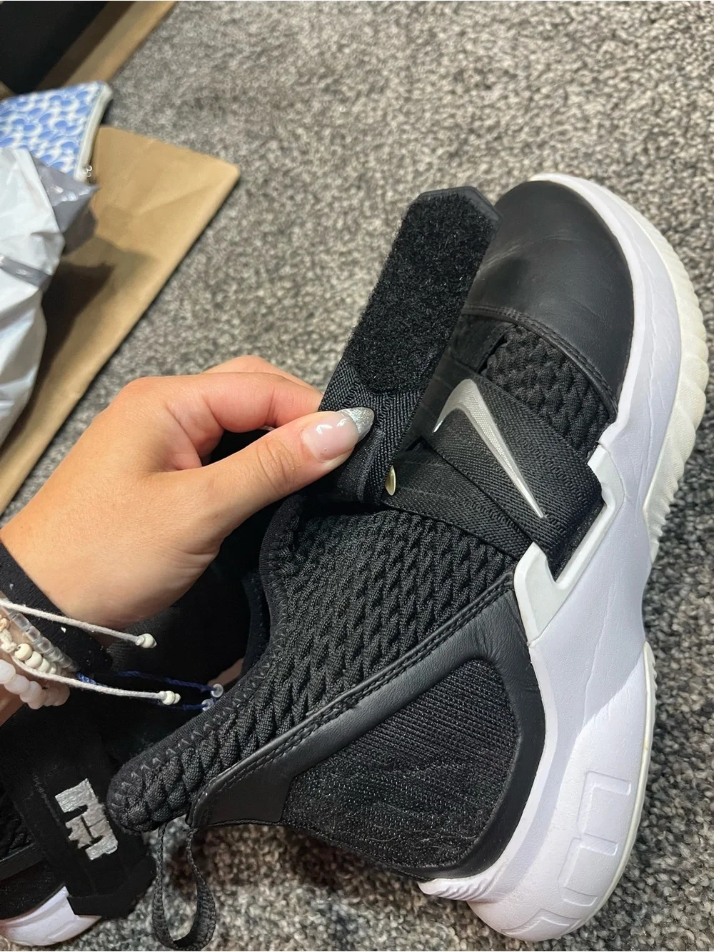 Nike Kids/Womens Black and White Velcro Slip-On Basketball Shoes
